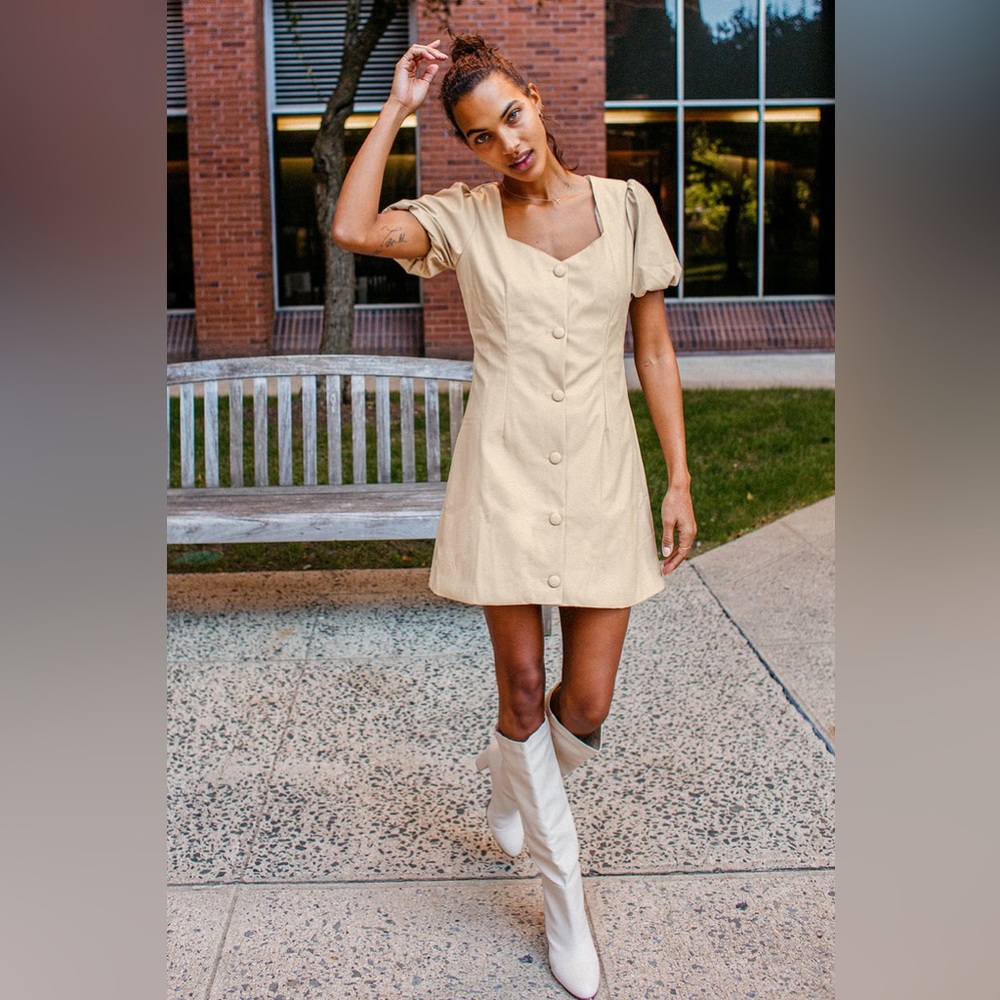 NEW lulus Aiming to Achieve Beige Vegan Leather Puff Sleeve Mini Dress - Medium